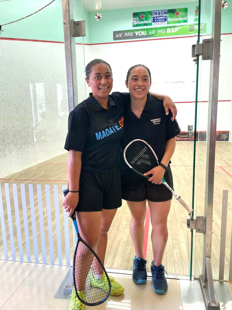 Squash sisters Porohu (left) and Shine Maote after battling each other on the squash courts during the Cook Islands Squash opens. The pairs other sister Teremoana competed in the Cook Islands Games with the family representing Rakahanga. 22110802