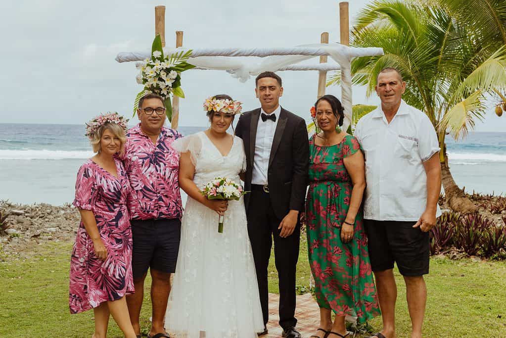 Bride and groom Ruby and Luke West with their parents Kathryn Pierre (left), Jason Pierre, Marama West and Mark West. Picture: MANINE LYNCH/22122301