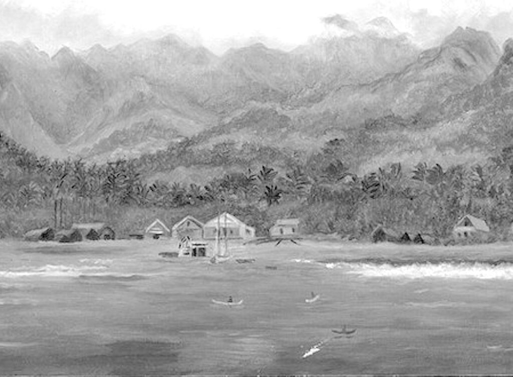 Port of Avarua c. 1885 from the deck of the ‘Avalon’, artist unknown.  At the time Avarua was a small undeveloped village. (National Library of New Zealand, A-466-012)/ 23021707