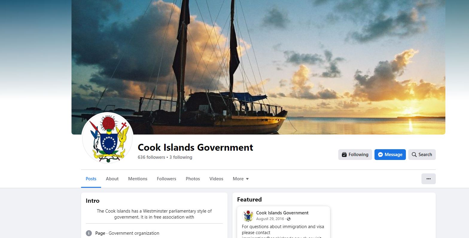 Facebook page using Cook Islands govt emblem  active since  2012: Hilyard