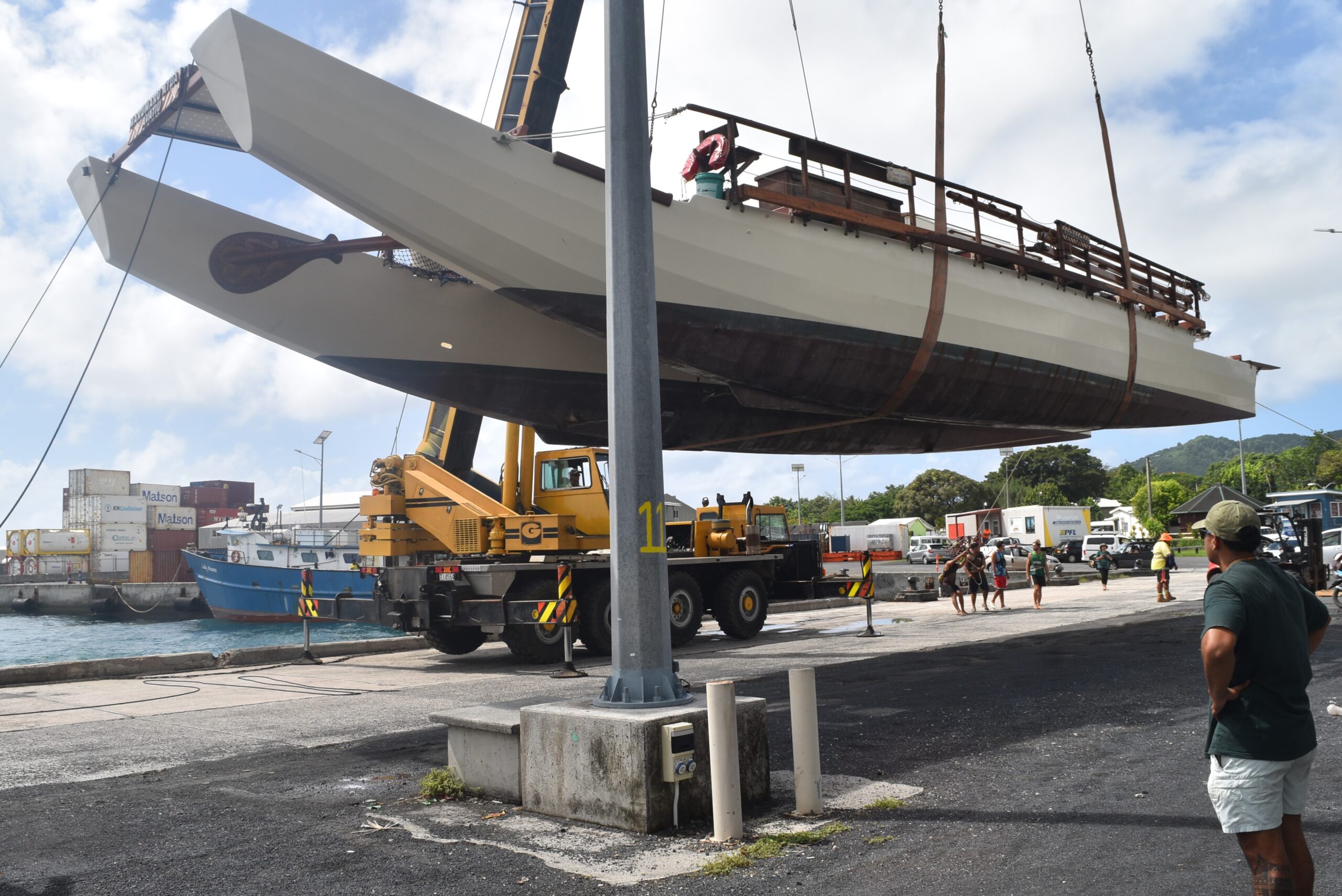 Vaka Marumaru Atua makes a splash after docking for repairs